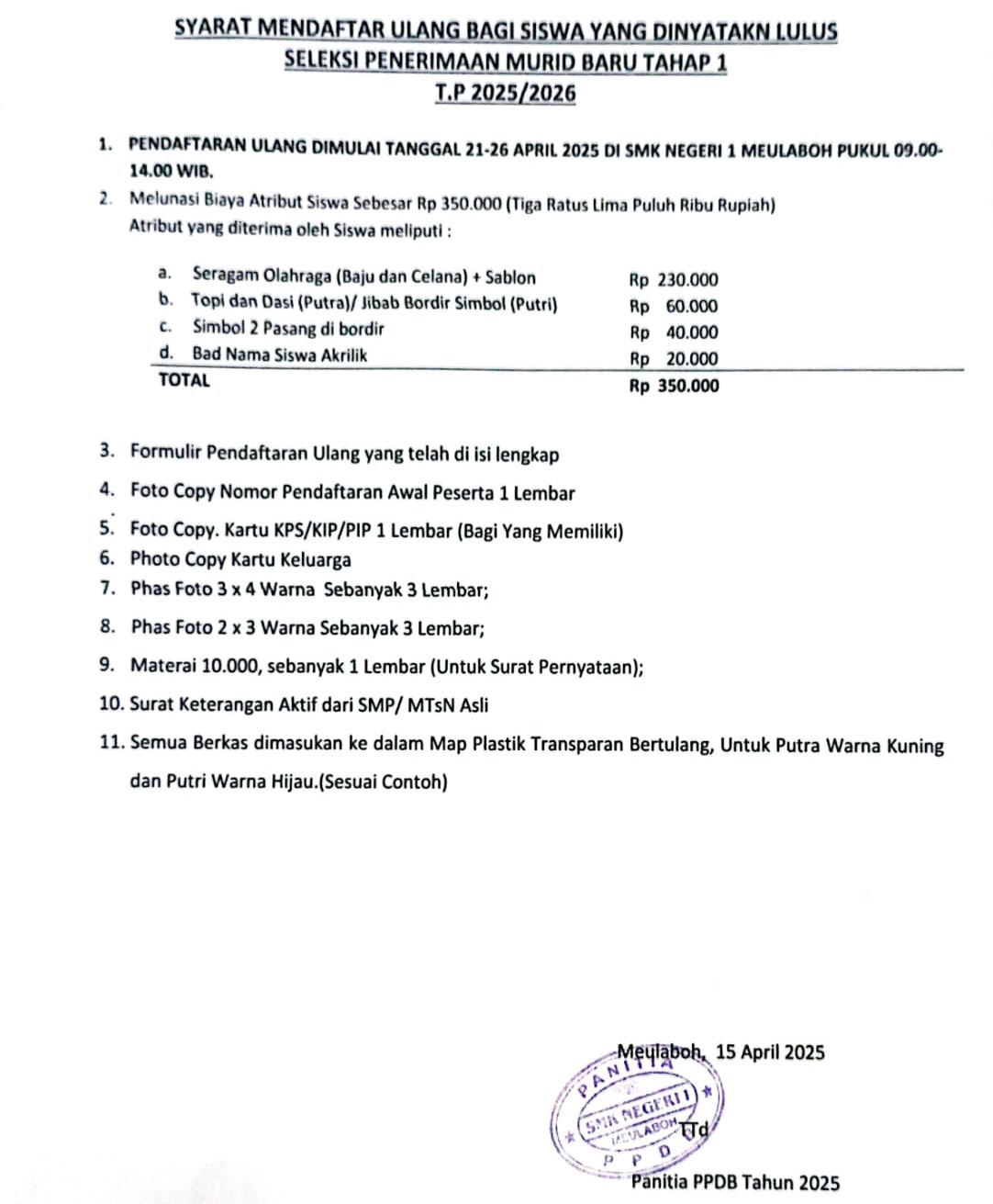 PENGUMUMAN PENDAFTARAN ULANG PESERTA DIDIK TAHAP 1
